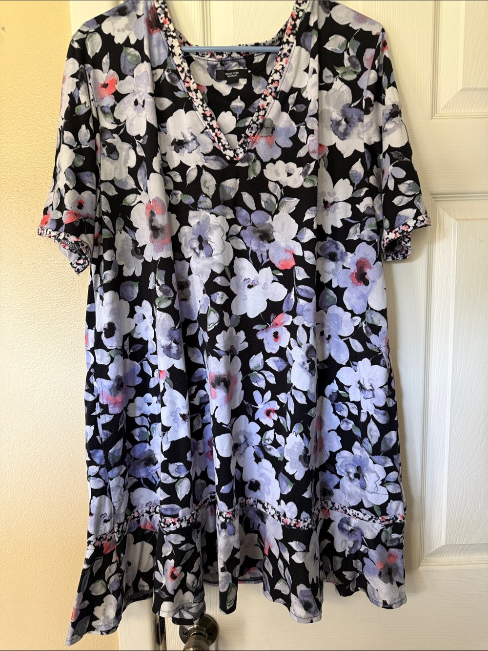 Floral V-Neck nightgown  in Black with Lavender & Pink Blooms